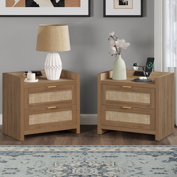 Surmoby Rattan Nightstand Set of 2 with Charging Station – Tall 22" Bedside Table with Type-C/USB Ports, Large Storage Drawer, Boho Farmhouse Night Stand for Bedroom Living Room