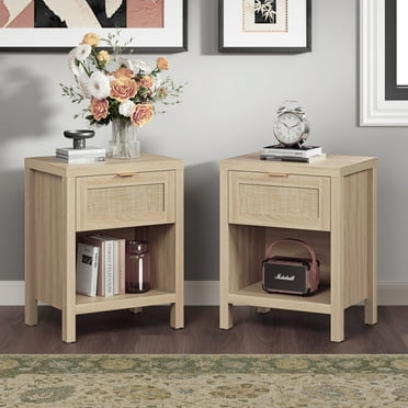 Surmoby Rattan Nightstand Set of 2,Farmhouse Bedside Tables Night Stands with Drawer and Storage Shelf,Boho Side Tables for Living Room,Bedroom,Light Oak