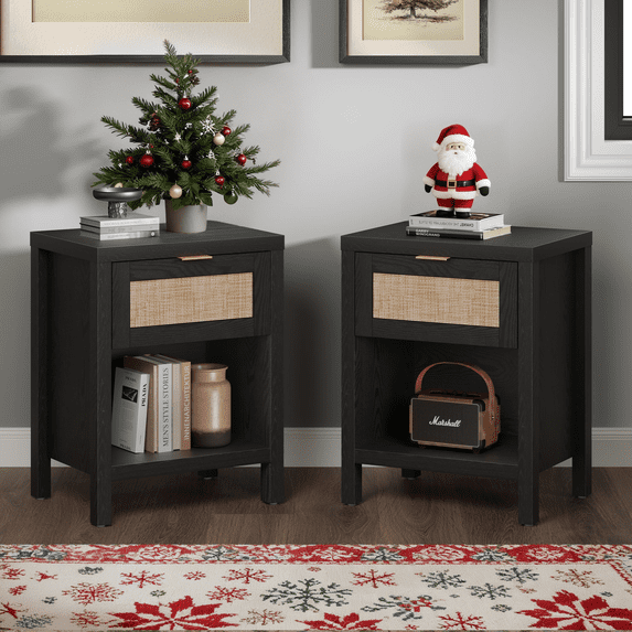 Surmoby Rattan Nightstand Set of 2,Farmhouse Bedside Tables Night Stands with Drawer and Storage Shelf,Boho Side Tables for Living Room,Bedroom,Black