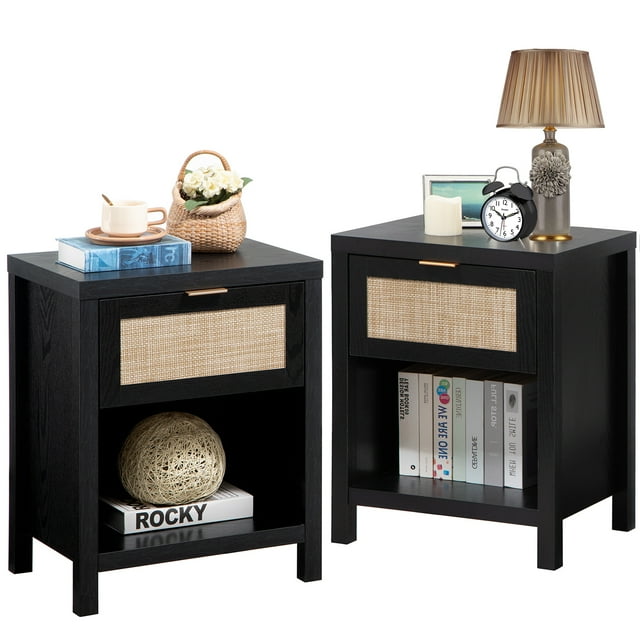 Surmoby Rattan Nightstand Set of 2,Farmhouse Bedside Tables Night