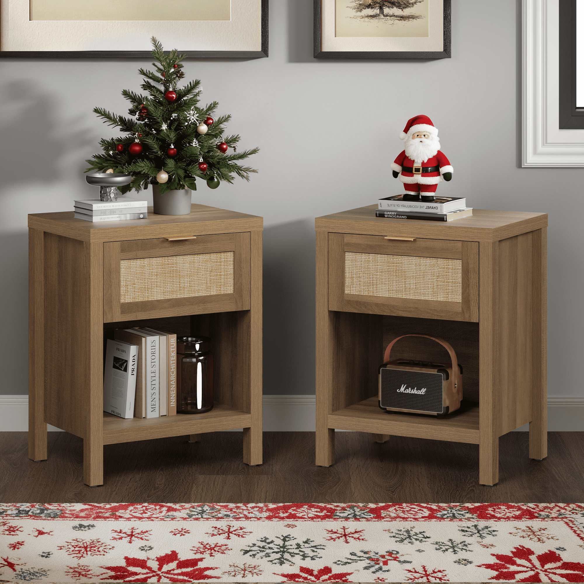 Surmoby Rattan Nightstand Set of 2,Farmhouse Bedside Tables Night Stands with Drawer and Storage Shelf,Boho Side Tables for Living Room,Bedroom,Oak