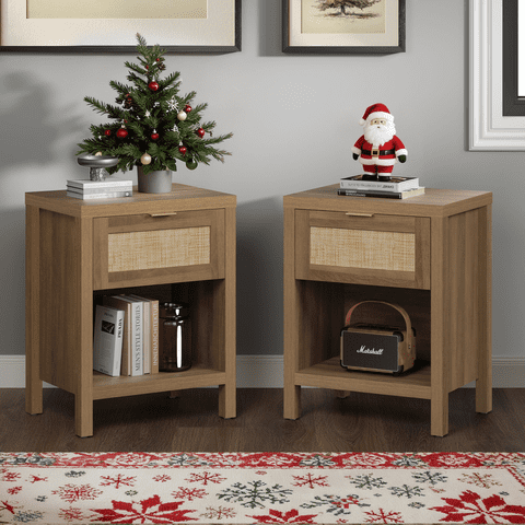 Surmoby Rattan Nightstand Set of 2,Farmhouse Bedside Tables Night Stands with Drawer and Storage Shelf,Boho Side Tables for Living Room,Bedroom,Oak