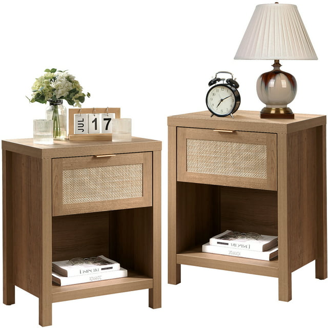 Surmoby Rattan Nightstand Set of 2,Farmhouse Bedside Tables Night Stands with Drawer and Storage Shelf,Boho Side Tables for Living Room,Bedroom,Oak