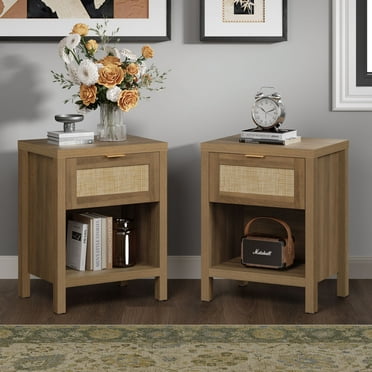 Surmoby Rattan Nightstand Set of 2,Farmhouse Bedside Tables Night Stands with Drawer and Storage Shelf,Boho Side Tables for Living Room,Bedroom,Oak