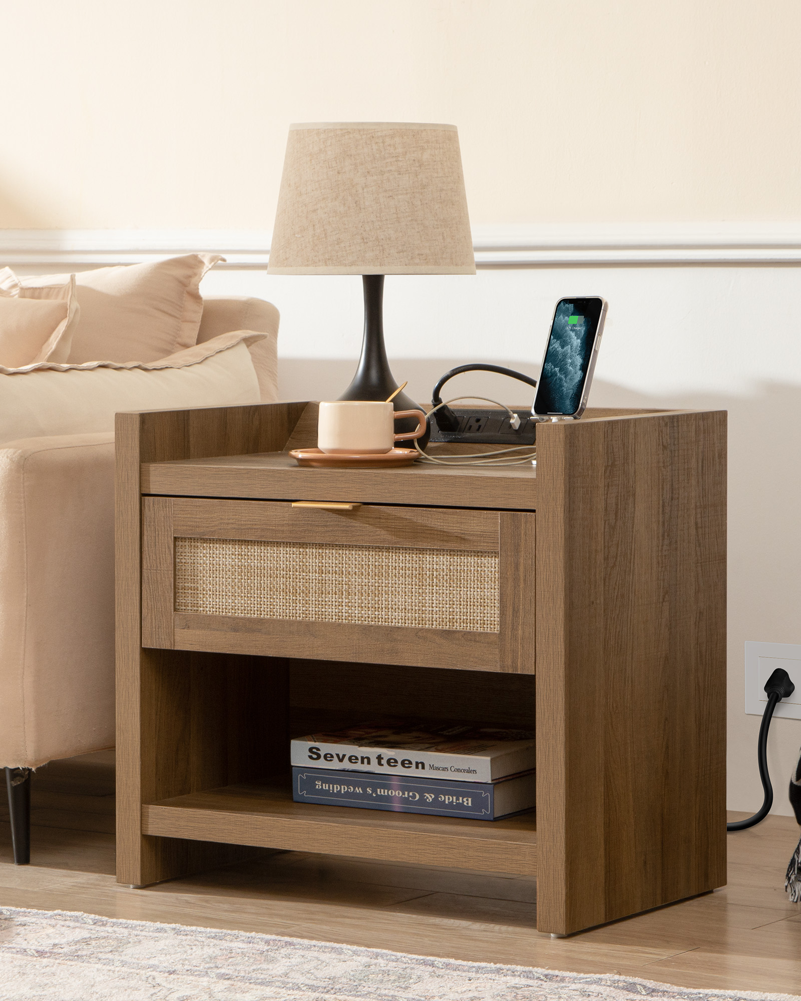 SICOTAS Rattan Nightstands Set of 2 with Charging Station, USB Port