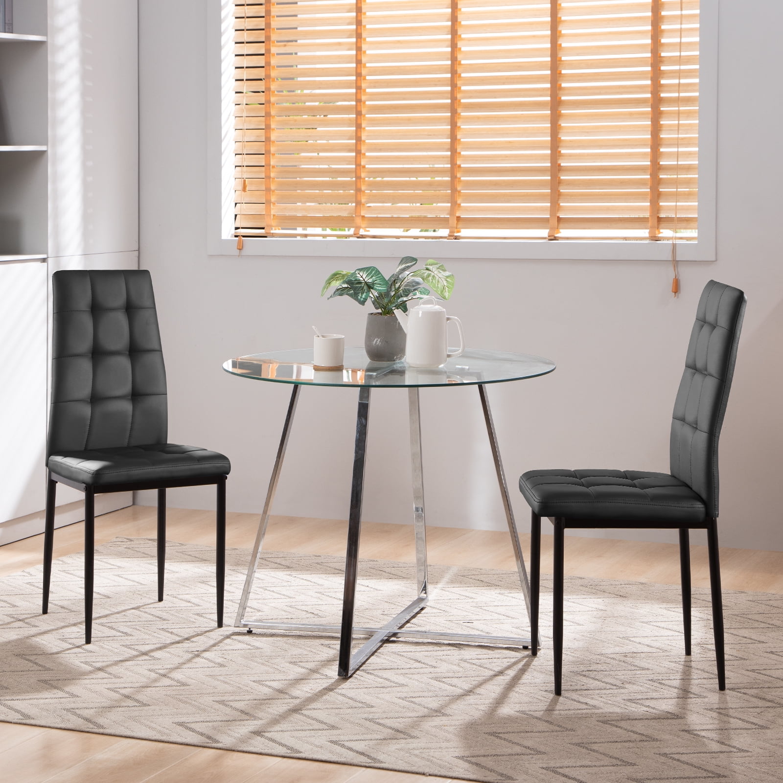 Surmoby Round Glass Dining Table Set for 2 3 Piece Kitchen Table Set with Faux Leather Full