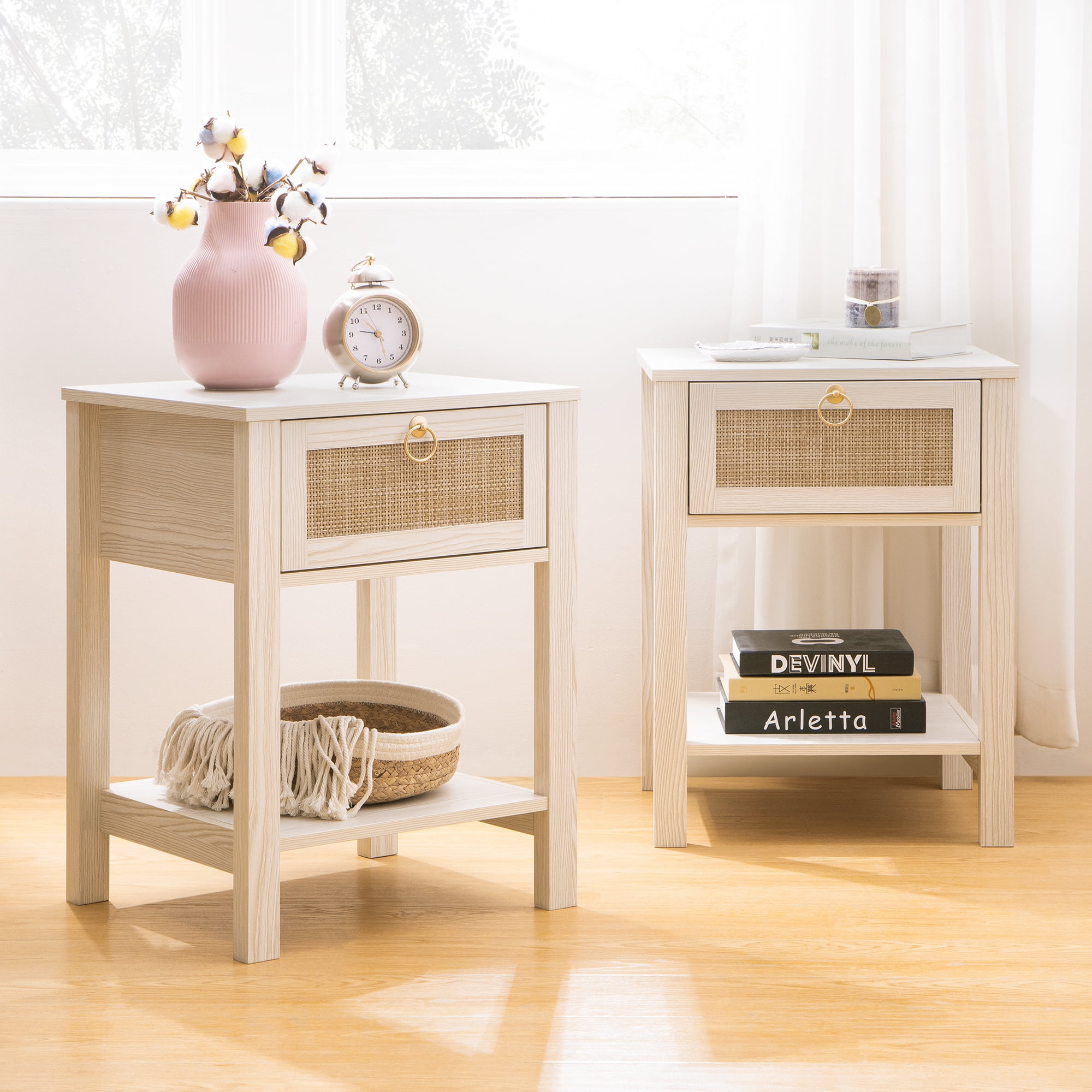 Surmoby White Nightstand Set of 2,Boho Bedside Tables with Rattan Decor Drawer and Open Storage Shelf, Night Stand and Dresser Set Side Table End Table for Bedroom  Living Room Entryway