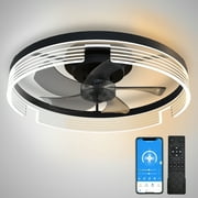 Surnie Black Ceiling Fan with Light-Modern Flush Mount Low Profile Ceiling Fans Timing Remote Control, Smart Small Enclosed Reversible Dimmable LED Lighting Fan for Indoor Bedroom Living Room Kitchen