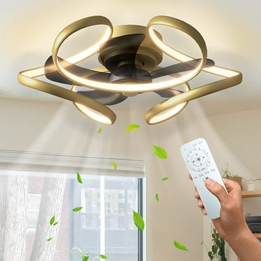 Surnie Ceiling Fan with Light Low Profile Modern Ceiling Fan with Remote 6 Speeds 3 Colors Dimmable Bladeless Flush Mount Ceiling Fans Reversible Geometric for Living Room Bedroom Kitchen Gold