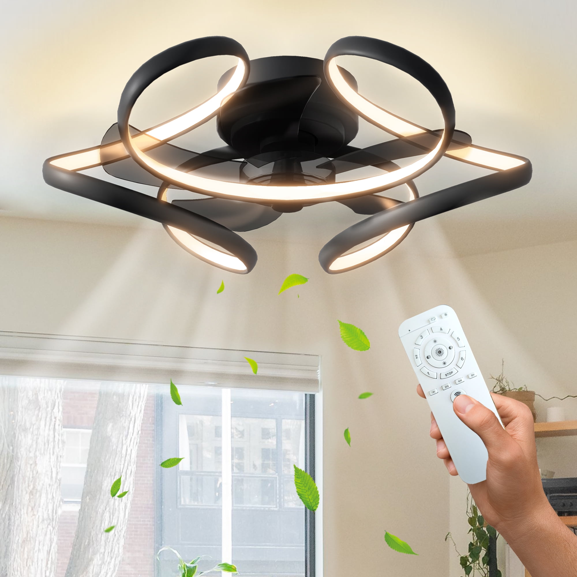 Surnie Ceiling Fan with Light Remote 6 Speeds 3 Colors Low Profile Modern  Ceiling Fans Bladeless Flush Mount Ceiling Fan Geometric Reversible  Dimmable