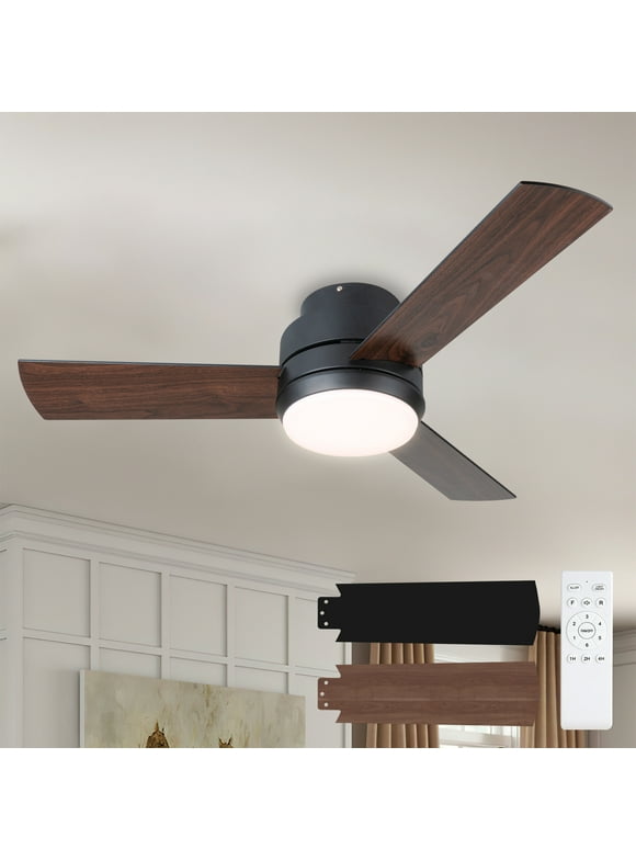 Surnie Ceiling Fans with Lights, 42 inch Low Profile Ceiling Fan with Light and Remote Control, Flush Mount, Reversible, 3CCT, Dimmable, Noiseless, Black Ceiling Fan for Bedroom, Indoor/Outdoor Use
