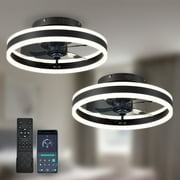 مروحة سقف صغيرة Surnie Low Profile 15.7 LED مع إضاءة - حديثة، شبه مغلقة، تطبيق ذكي وجهاز تحكم عن بعد، 6 سرعات، أسود - مثالية لغرفة النوم وغرفة المعيشة، عبوة من قطعتين