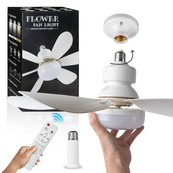Surnie Socket Fan Light with Remote, 20.5” Screw Ceiling Fans with Lights, E26 Base Small Ceiling Fan, Dimmable Socket Fan Ceiling Fan with Light for Garage Bathroom Bedroom Kitchen, White Flat Lamp