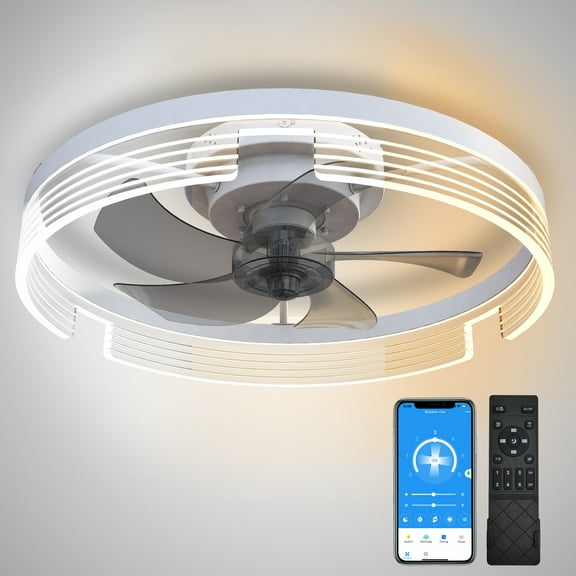Surnie White Ceiling Fan with Light-Modern Flush Mount Low Profile Ceiling Fans Timing Remote Control, Smart Small Enclosed Reversible Dimmable LED Lighting Fan for Indoor Bedroom Living Room Kitchen