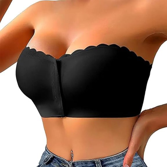 Surpassdo Strapless Bra, Surpassdo Seamless Front Closure Strapless Bandeau Bra, Non-Slip Comfort Support Push Up Bras (Beige,Medium)