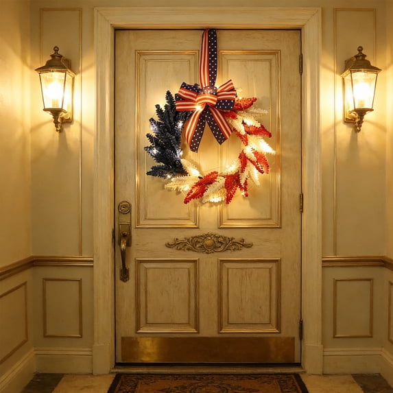 Surpdew 16 Inch Lighted Up Patriotic Wreath 4Th Of July Red White Blue Pride Garland Independence Day 250Th Anniversary Bow Wreath For Front Door Memorial Day Indoor Outdoor Wall Holiday Decor Home