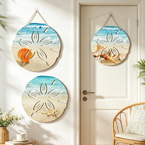 Surpdew 3 Pcs Sand Dollars Wall Decor Wooden Ocean Coastal Sand Dollar Beach Designs Wood Outdoor Coastal Wall Art Sea Life Hanging Ornament for Home Bathroom Decor