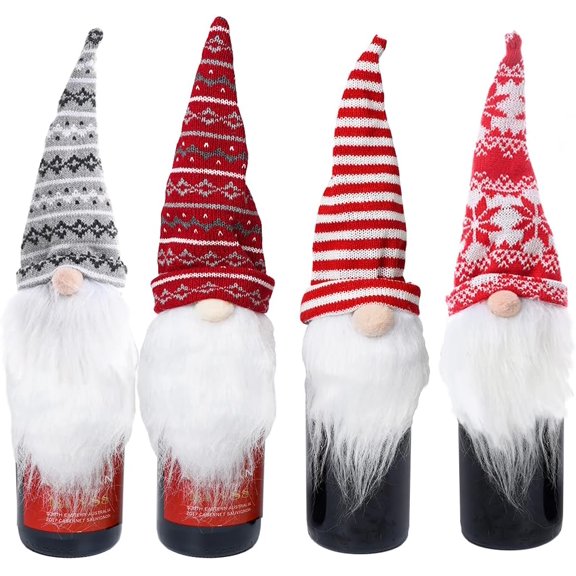 Surpdew 4 Pieces Christmas Plush Gnomes Wine Bottle Toppers, Knitted Tomte Christmas Bottle Covers, Christmas Wine Bottle Covers, New Year Decoration, Party Table Gifts Red/Gray