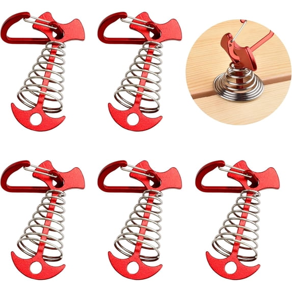Surpdew 5 Pcs Fishbone Deck Anchor Pegs With Carabiners, Red Deck Furniture Anchors, Deck Peg With Spring Buckle, Adjustable Anchor Deck Pegs, Tent Decks Anchors For Camping Hiking Supplies Red S