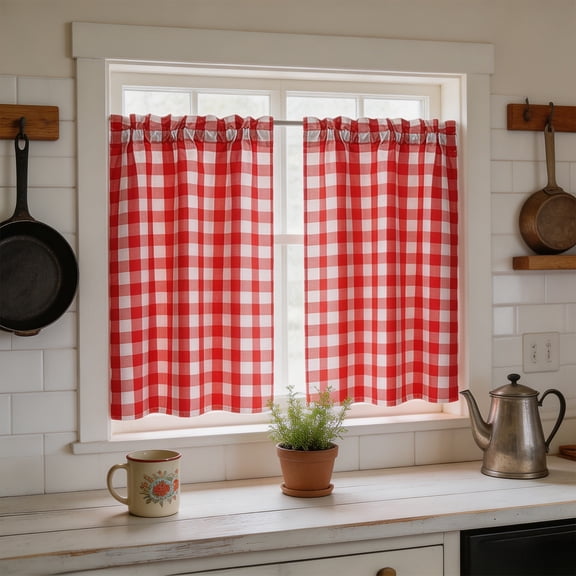 Surpdew Buffalo Plaid Short Cafe Curtains, Rod Pocket Light Filtering Farmhouse Gingham Tier Window Treatments, 2 Panels Checkered Kitchen Curtains for Kitchen Dining Room Bathroom Home Decor
