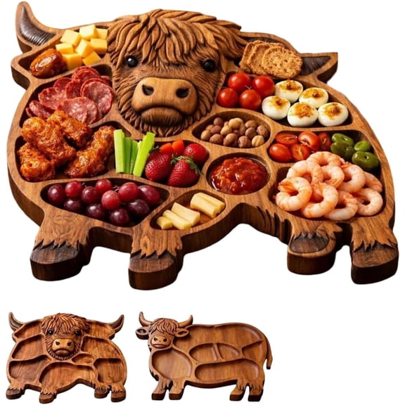 Surpdew Charcuterie Board Highland Cow Wood Serving Tray Food/Cookie Decorative Ottoman Coffee Table Tray | Large Wooden Cheese Board Serving Platter For Party Supplies A