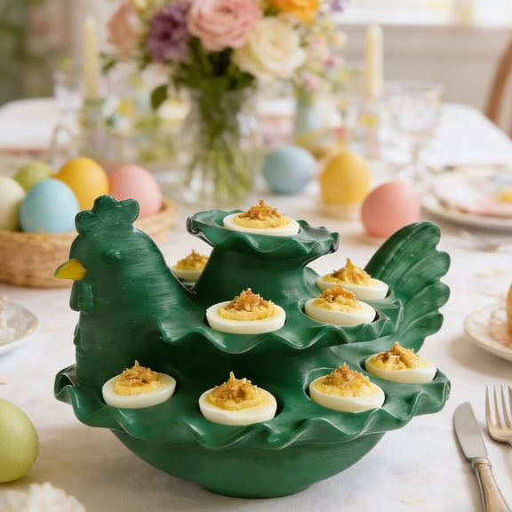 Surpdew Chicken Shape Easter Deviled Egg Platter 14 Hole Deviled Egg Tray Container, Hen Modelling Eggs Holder Tower For Easter Party Food Container For Kitchen Countertop Deviled Egg Platter Tray