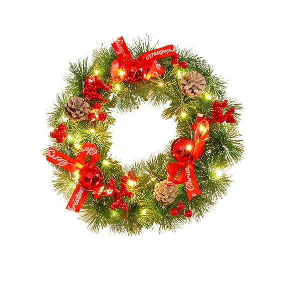 Surpdew Christmas Wreaths For Front Door, Christmas Wreath With Lights Cotton Berries Cones Pine Needles, Christmas Door Wreath For Home Door Wall Party Christmas Decorations B-With Light 16Inch