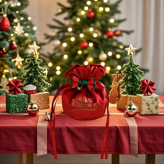 Surpdew 6 Pcs Christmas Velvet Bags With Drawstring And Bell, Merry Christmas Gift Pouches Candy Bag Bundle Pocket Wrapping Bags For Christmas Birthday Engagement Wedding Party Supplies Red