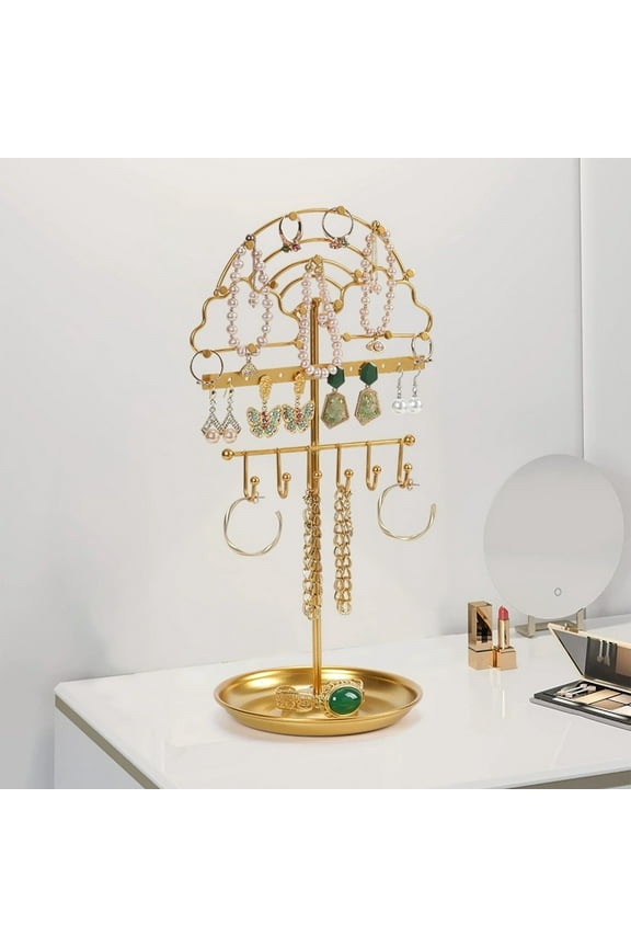 Gold Clouds Jewelry Holder Stand Small Hanging Necklace Organizer Tree Home Decor Necklace Organizer Stand for Earrings, Bracelets, Rings – Jewelry Display Hanger for Women & Girls