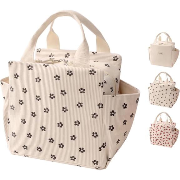 Surpdew Corduroy Lunch Bag For Women Men Cute Lunch Tote Bags Reusable Insulated Soft Leakproof Large Lunch Box Large Capacity Reusable Insulated Cooler For Work/Picnic/Travel Beige-Flower