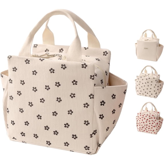 Surpdew Corduroy Lunch Bag For Women Men Cute Lunch Tote Bags Reusable Insulated Soft Leakproof Large Lunch Box Large Capacity Reusable Insulated Cooler For Work/Picnic/Travel Beige-Flower