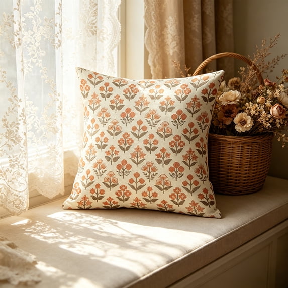 Surpdew Decorative Floral Pillow Covers Set of 2 18x18 Neutral Vintage Throw Pillows Block Print Boho Farmhouse Cushion Covers for Modern Spring Home Decor Couch Sofa Bed Living Room