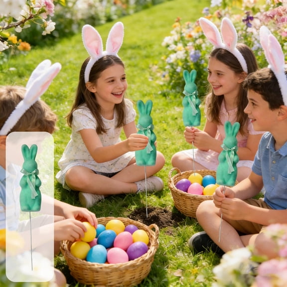 Surpdew Easter Bunny Decorations Flocked Bunnies Figurine With Bow Tie & Stakes, Flocking Rabbit Tabletop Ornament For Easter Spring Signs Centerpieces For Farmhouse Home Decor Mint Green
