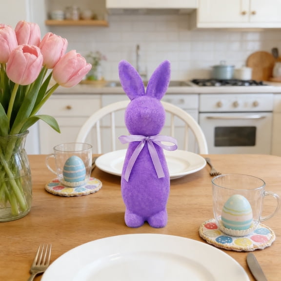 Surpdew Easter Decorations Flocked Bunnies Figurine With Bow Tie 8.8" Flocking Rabbit Tabletop Ornament For Easter Centerpieces For Spring Home Office Table Decor, Party Supplies Purple 8.7Inch