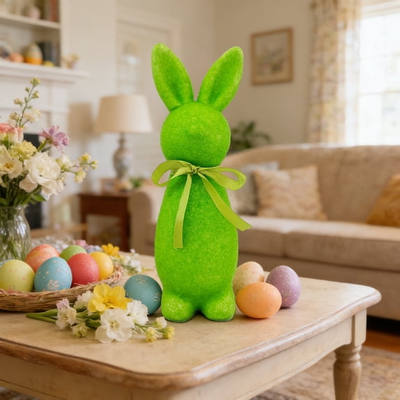 Surpdew Easter Decorations Flocked Bunnies Figurine With Bow Tie 8.8" Flocking Rabbit Tabletop Ornament For Easter Centerpieces For Spring Home Office Table Decor, Party Supplies Green 8.7Inch