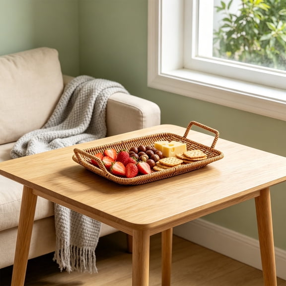 Surpdew Hand Woven Rattan Serving Tray with Double Handles, Rectangular Wicker Basket Tray for Fruit Snack Coffee Table Decor Breakfast Pastry Bathroom Counter Storage Organizer