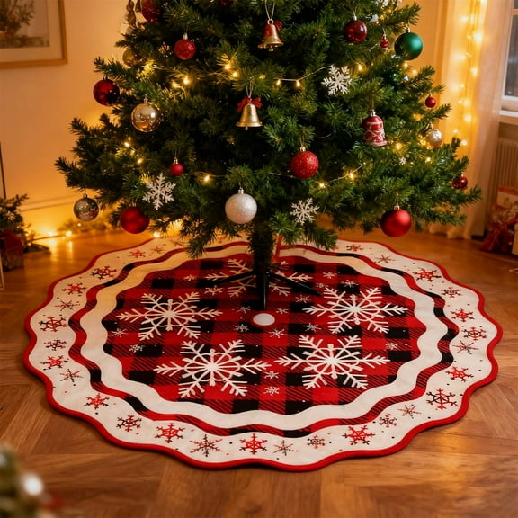 Surpdew Holiday Decor Christmas 36In Christmas Tree Skirt Christmas Crafts Snowflake Plaid Christmas Tree Base Decoration Christmas Supplies Red