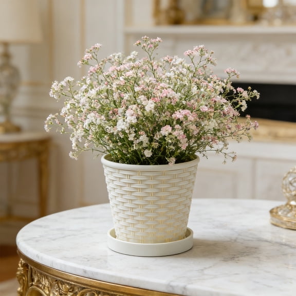 Surpdew Imitation Rattan-Style Plant Basket Planter, Plant Pots Indoor Outdoor With Base Tray, Boho Flower Pot For Succulents, Herbs, Modern Farmhouse Decor, Ideal Gift For Plant Lovers Beige