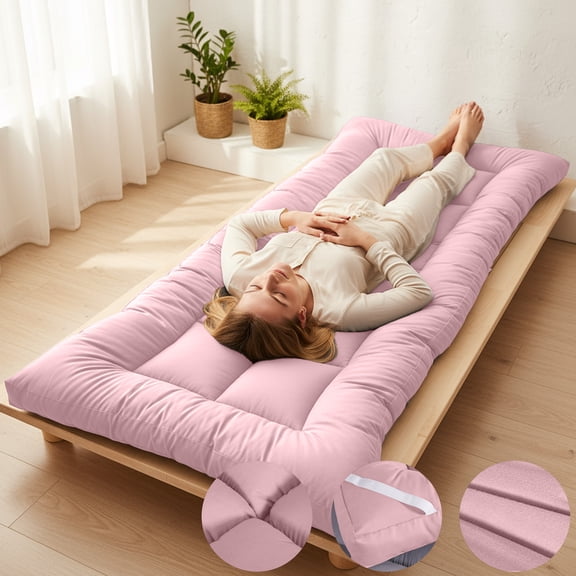 Surpdew Japanese Floor Futon Mattress Twin Size 35"X 80", 2.5'' Thick Foldable Roll Up Floor Bed Sleeping Pad, 25D Foam Filled Tatami Mat With Straps For Guest Room, Dormitory & Camping Pink 35"X 80"