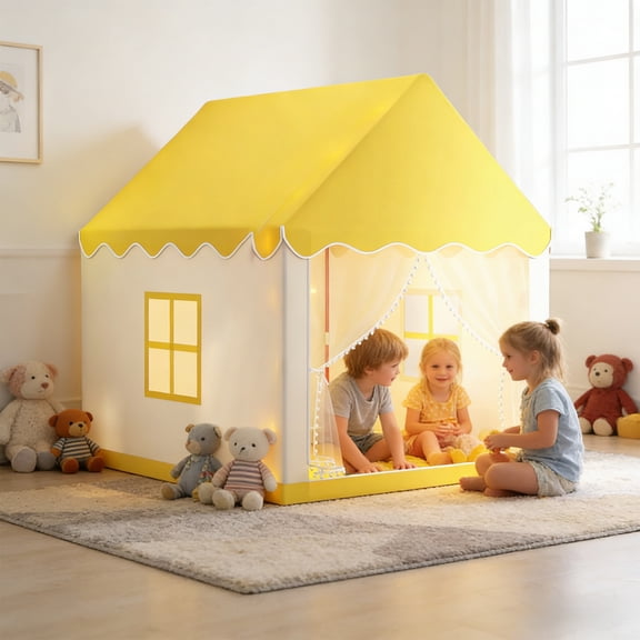 Surpdew Kids Play Tent, Large Game House Windows, Foldable Princess Tent Indoor Playhouse, Indoor And Outdoor Princess Tent, Castle Fairy Tent,Suitable For Children Aged 3-5 Yellow