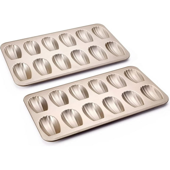 Surpdew Madeleine Pans For Baking, Non-Stick Stainless Steel Madeleine Cookies Trays For Baking, 12-Cavity Cookie Tray For Baking, 2Pcs Shell Shape Madeleine Mold Cake Pans Gold