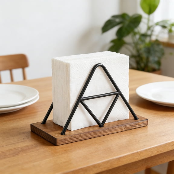 Surpdew Napkin Holder, Metal Wire Triangle Shape & Wooden Paper Towel Holder, Napkin Holder For Table, Modern Standing Napkin Dispenser For Kitchen, Table Decor, Cocktail Bar Black