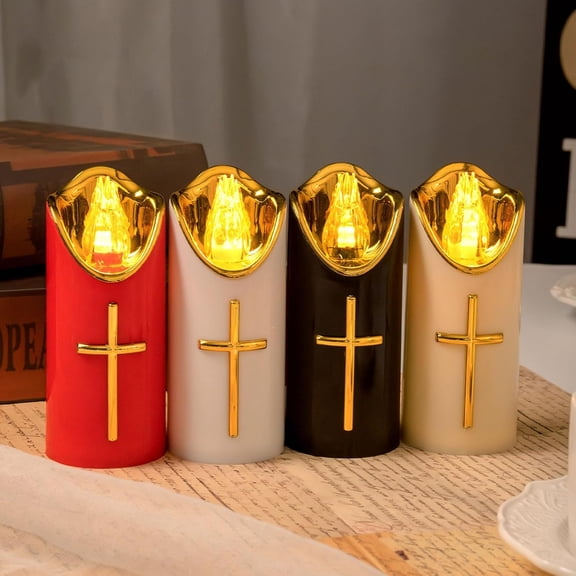 Surpdew Outdoor 2Pcs Flameless Waterproof Candles Devotional Prayer Easter Cross Flameless Candle, Battery Operated Memorial Candle Grease Effect Led Flickering Pillar Plastic Long Lasting Black