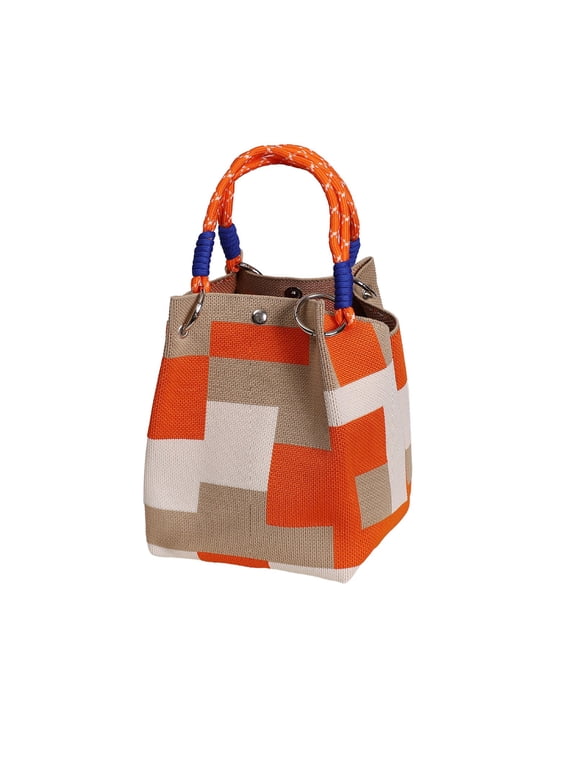Pastel Checkered Woven Tote Bag For Women, Colorful Braided Handle Small Handbag, Cute Pink Blue Beige Patchwork Purse For Daily Use, Shopping & Travel C 6.3X6.7X9.06In