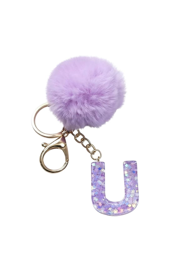 Purple Pom Pom Keychain Faux Rabbit Fur Fluffy Ball Keyring With Initial Letter Key Chain Initial Keychains For Women Girls Pendant Accessories U