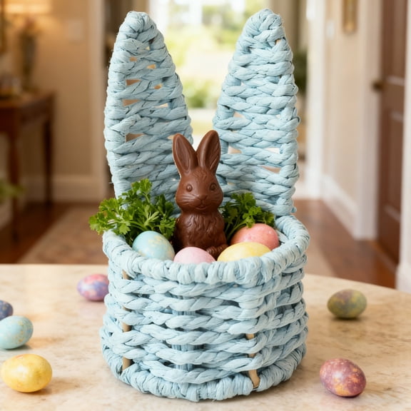 Surpdew Rattan Bunny Easter Basket With Handle Rabbit Easter Egg Candy Storage Basket Diy Burlap Bow Woven Baby Boy Fruit Birthday Organizer Egg Dorothy Cute Cookies Beach Storage For Holiday Picnic