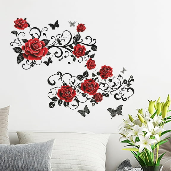 Surpdew Red Rose Wall Sticker Valentine'S Day Flowers Butterfly Wall Decals Home Art Decor Diy Vinyl Mural For Bedroom Living Room Sofa Backdrop Tv Background Wallpaper Decoration Red