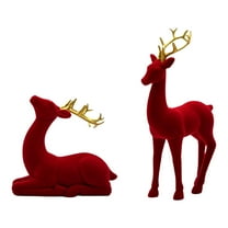 Surpdew Reindeer Christmas Decor Flocking Christmas Reindeer Figurines With Standing Sitting Tabletop Centerpieces Statue For Xmas Table Mantle Decorations Red