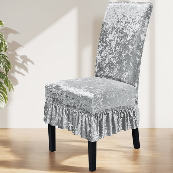 Surpdew Velvet Chair Covers With Skirt Stretchy Dining Room Chair Covers Parsons Chair Slipcovers, Fit Non-Slip Furniture Protector Cover For Home, Kitchen, Banquet Silver