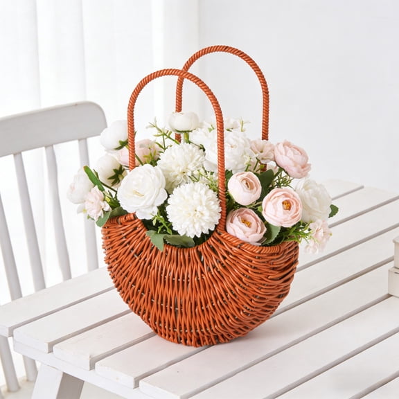 Surpdew Wicker Flower Girl Baskets, Small Rustic Half Moon Rattan Gift Baskets For Wedding, Hand Woven Flower Planter Easter Picking Basket For Storage Picnic Party Home Garden Decor Brown M